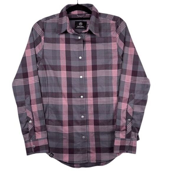 Flylow Brigette Tech Flannel in Shark Plaid Pink Purple Snap Close Size Small - Picture 1 of 13